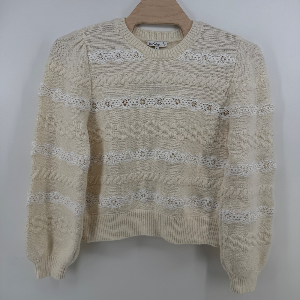 Sam Edelman Sweater Womens XL Ivory Cable Knit Lace Puff Sleeve NWT